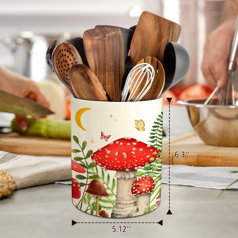 Hexagram Mushroom Decor Utensil Holder, Mushroom Kitchen Decor Ceramic Utensil