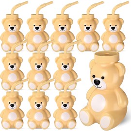 Maxdot 12 Pieces Bear Cups with Straws and Lids, 10 oz Plastic Bear Shape Cup Reusable Creative Cups Bulk for Baby Shower Kids Birthday Wedding Party Favors (Light Brown)