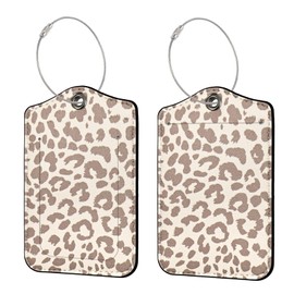 Ksriylm 2 PCS Luggage Travel Tags for Suitcases,Cute PU Leather Name Tag with Privacy Cover&ID Label Address Card&Durable Metal Ring Suitable for Men Women Handbags Backpack, Leopard Light Brown