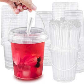 Qsqwsuye 30 Sets - 34 oz Plastic Cups with Lid and Straw,Disposable Coffee Cups with Lids for Iced Coffee,Smoothie,Milkshake,Cold & Hot Drinks, Sturdy/Food Safe/Reusable Clear Party Cups for Pool, Beach Party
