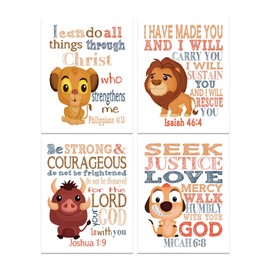 Lion King Christian Nursery Set of 4 Unframed Prints - Mufasa, Pumba, Simba and Timon with Bible Verses
