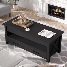 Seventable Coffee Table, 47.2" Lift Top Coffee Table with 2 Storage Drawers and Hidden Compartment, X Wood Farmhouse Support, Retro Center Table with Lift Tabletop for Living Room,Black
