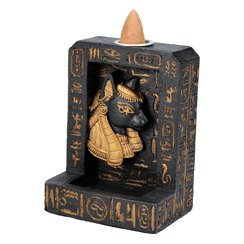 Bastet Egyptian Backflow Incense Holder, Polyresin, Black with Hieroglyphs, Hand-Painted,