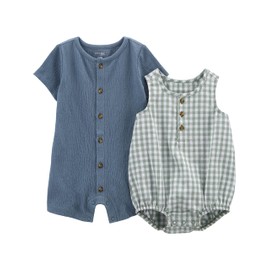 Simple Joys by Carter's Baby Boys' Button Romper, Pack of 2, Green Gingham/Tapestry Blue, 24 Months