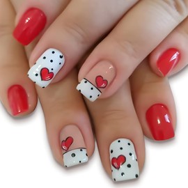 Valentine's Day Square Press on Nails Short Fake Nails Red Solid Color Glue on Nails Heart False Nails with Wave Point Designs Cute Valentine Acrylic Stick on Nails for Women Girls 24Pcs