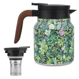 Vintage Floral Pattern Tea Pot, Insulated Teapot Built-In Infuser 1 Liter Stainless Steel Tea Flask Kettle with Wooden Handle for Office Home Kitchen (Green, 1000ml)