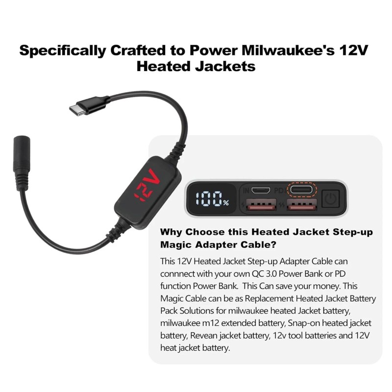 Smarkey 12V Heated Jacket Battery Step-Up Adapter Charger Cable, Type-C