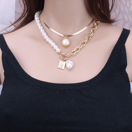 JAVARNV Pearl Necklace for Women Layered Choker Necklace Snake Chain Necklace Baroque Pearl Pendant White Pearl Jewelry Gift for Valentine's Day Gold