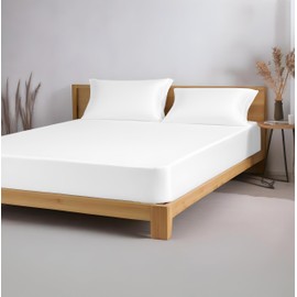 LINENWALAS 100% Eucalyptus Silk Double Fitted Sheet 140x190 cm, Ultra Soft Hotel-Quality Tencel Lyocell White Bed Sheet, Deep Pocket up to 40 cm, Perfect for Skin Care (Double Size, White)