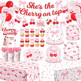 Pink Bow Party Supplies,208Pcs Coquette Birthday Party Decorations Includes Bow Cherry Paper Plates and Napkins,Cups,Banner,Tablecloth,Balloons,Serves 24 for Girls Bachelorette Party