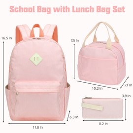 Lrenagao School Backpack for Girls, 3PCS Bookbags Set with Lunch Box Pencil Pouch Elementary Middle School Bag Laptop Back Packs (Stripes Pink)