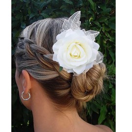 TseenYi White Rose Flower Hairclip Headpiece Large White Flower Hair Clip White Floral Clip Boho Rose Hairpin Brooch Bridal Wedding Headpiece Head Clip Two Way Jewelry for Women and Girls