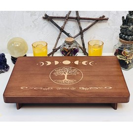 Altar Table, Meditation Table, Small Altar Table, Wooden Witch Altar, Wiccan Alter Table, Buddhist Shrine, Engraved Moon Phase and The Tree of Life on Table Top, 12 × 8 inches