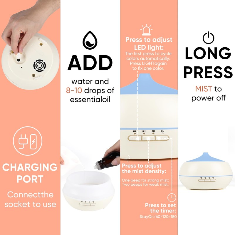 HAPPTWS 500ML Essential Oil Diffuser - BPA Free Ultrasonic Aromatherapy