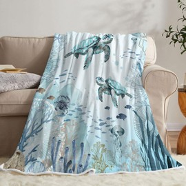 Sea Turtle Throw Blankets, Teal Blue Ocean Beach Coastal Flannel Warm Soft Cozy Fluffy Bed Couch Blanket, Funny Animal Nautical Starfish White Fleece Throws to Decorate The Room and Bedroom 50 x 60