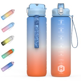 HOMEEX 1L (32oz) Motivational Water Bottle, BPA-free Sports Water Bottle with Time Marker - Quotes - One-Click Technology Ideal for Jogging, Hiking, Office, School, Adults, Children (Blue & Orange)
