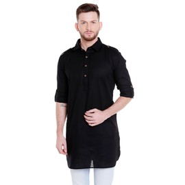 In-Sattva Men's Pullover Pathani Rollup Sleeve Kurta Tunic with Shoulder Strap; Black; Large