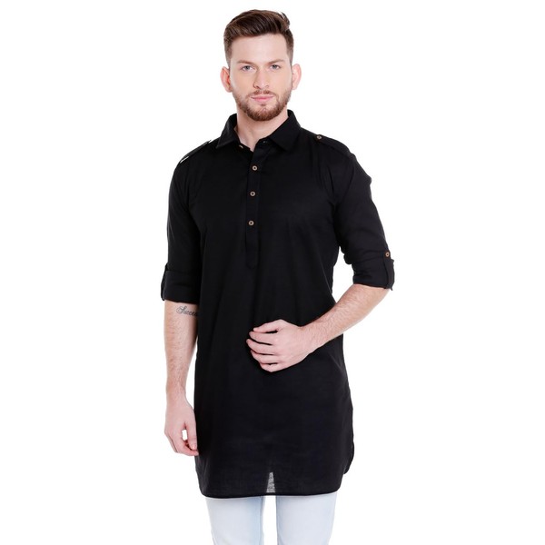 In-Sattva Men's Pullover Pathani Rollup Sleeve Kurta Tunic with Shoulder