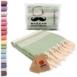 Bazaar Anatolia Stripe Turkish Towel 100% Cotton Peshtemal Bath Towel 75x38 Thin Lightweight Travel Camping Bath Sauna Beach Gym Pool Blanket Fouta Quick Dry Towels (Green)