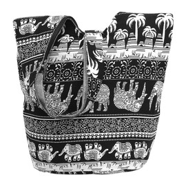 INSOUR Elephant Print Shoulder Bag, Long Shoulder Bag, Goa Bag, Sadhu Bag, Hippie Bag, Women, Black Cotton, black canvas, black