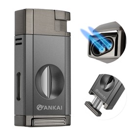 FANKAI Torch Lighter with Cigar V Cutter, Double Jet Flame Refillable Butane 2 in 1 Windproof Lighters for Smoking with Gift Box (Butane Not Included)