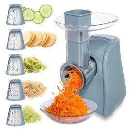 COOK WITH COLOR 5-in-1 Electric Slicer, 150W Food Prep Machine – Parmesan Shredder, Fine & Coarse Graters, Potato Grater, Vegetable Slicer, Compact Design for Bowl Prep, Blue/Grey
