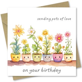 Birthday Card. Pots of Love Design. Card with Kraft Envelope. 150x150mm when folded.