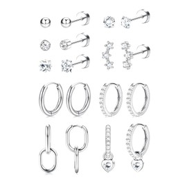 LOLIAS Flat Back Earrings for Women for Girls Hypoallergenic Surgical Stainless Steel Earrings for Sensitive Ears Flatback Stud Hoop Earring Set Silver Over 4 Years Old