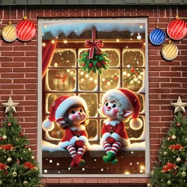 Saoplasa Christmas Window Cover Cute Elf Couple Holiday Window Decoration Santa Hat Festive Mistletoe Winter Art for Home Living Room Xmas Party Wall Hanging 47x31 Inch Seasonal Curtain Panel