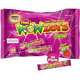 DOUzzle Sour Wowzers Minis, Super Strawberry Sour Fizz Chews (24 Count, Pack of 1) Individually Wrapped Candies, Birthday Party Favors, Goodie Bags Stuffers, Pinata Filler - Kosher Parve