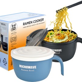 2 Sets Microwave Ramen Cooker Bowl 45 oz Instant Noodle Bowl with Handles Ramen Noodle Cooker with Spoon Chopsticks Fork Knife College Dorm Room Essentials for Boys Girls (Black, Blue)