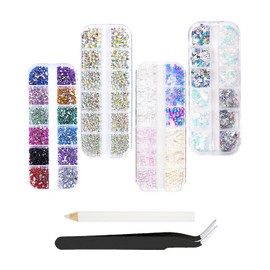 4 Boxes of Rhinestones, Semicircular Pearl Nails Rhinestones, Sequins, AB Crystal Rhinestones, Including Wax Pen for Rhinestones and Rhinestone Picks