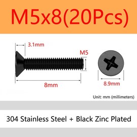 ORANXIN M5 x 8 mm 20 Pieces Cross Flat Head Bolts Stainless Steel 304 Black Zinc Countersunk Screws Machine Screws Metric Fixings