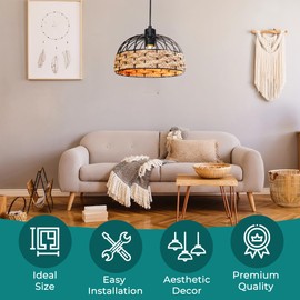 Giggi Metal & Rope Light Shade, Retro Black Light Shade with Jute Rope Lamp Shades Ceiling, Rattan Lampshade, Pendant Lampshades for Ceiling Lights for Living Rooms, Kitchen, Bedroom, Hallways