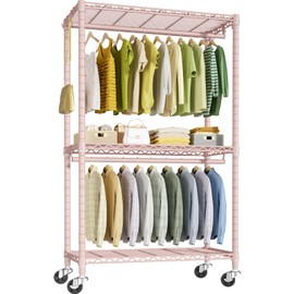 FUTASSI P3 Rolling Clothes Rack, Clothing Racks for Hanging Clothes, Heavy Duty Garment Rack with Wheels, Freestanding Portable Closet Organizer 39.4''W x 14''D x 78.5''H, Max Load 464 LBS, Pink