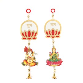 Auspicious Shubh Labh Lotus Laxmi Ganesh Door Wall Hanging Wall Toran Indian Traditional Festival Navratri Decoration Handcrafted Toran Showpiece Home Temple Decor(Size:-10"X3")(White,Red)