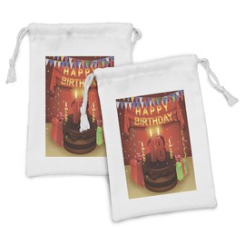 Ambesonne 18th Birthday Fabric Pouch Set of 2, 18 Happy Birthday Party with Curtains Cakes Baloons Adulthood Image, Small Drawstring Bag for Toiletries Masks and Favors, 9" x 6", Red and Burgundy