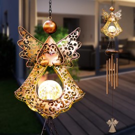 Yeomoo Metal Wind Chime Garden with Solar Angel Decoration for Outdoors: Wind Chimes Hanging Garden Decoration Gifts for Women Mum Birthday Gift Glockenspiel for Patio Balcony Hallway Copper