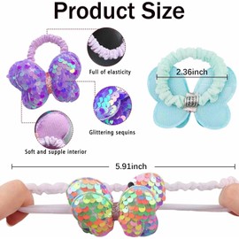 7 Pack Girl Hair Ties, Butterfly Hair Ties For Girls Colorful Elastic Rubber Bands Hair Scrunchies Rainbow Sequin Butterfly Ponytail Holders Hair Accessories for Toddler Girls Children