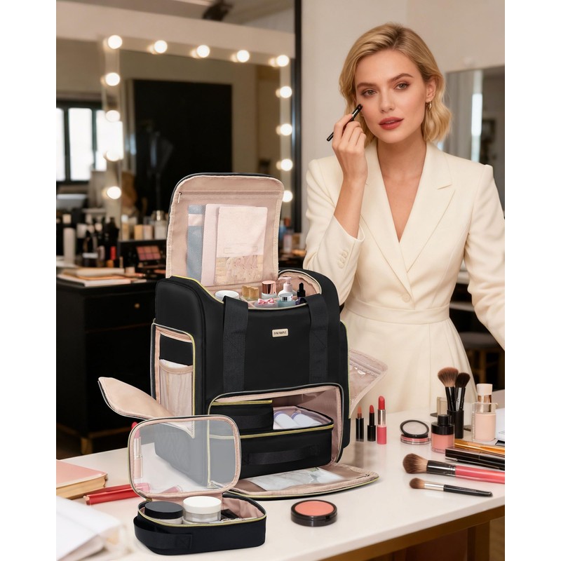 BAFAMYE Large Travel Makeup Bag with 2 Removable Case, Dual-Shoulder