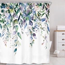 Riyidecor Extra Long Navy Eucalyptus Shower Curtain for Bathroom Decor 72Wx78H Eucalyptus Plants Leaves Botanical Leaf Floral Art Printed Fabric Polyester Waterproof 12 Pack Plastic Hook