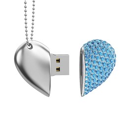 RAOYI 32GB Heart Shape USB 2.0 Flash Drive Crystal Memory Stick Thumb Drive Pen Drive Jump Drive Jewelry Pendant Necklace with Key Chain-Blue