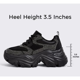 K KIP WOK Chunky Sneakers for Women Fashion Platform Rhinestone White Leather Casual Dad Shoes Comfortable Wedge Walking Sport Sneakers(Black Rhinestone,8.5)