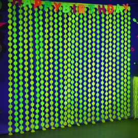 Mega-L Glow In The Dark Party Supplies, 2 Pack Neon Party Decorations 3.3 x 6.6 ft Fluorescent Macaron Yellow Round Tinsel Foil Fringe Curtains, Photo Booth Prop Backdrop Streamer Birthday Party Decor
