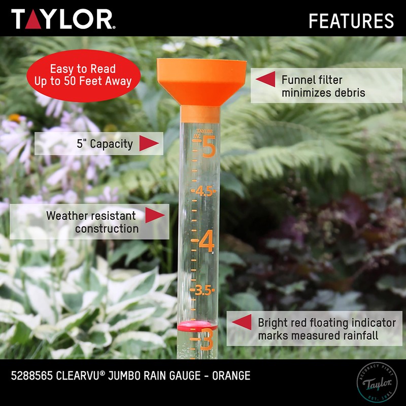 Taylor Jumbo Rain Gauge, Measure and Monitor Precipitation, Easy to