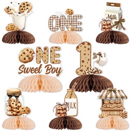 Funmemoir Milk and Cookies 1st Birthday Party Decorations - 8pcs One Sweet Boy Honeycomb Centerpieces, Doubles-Sided Printed Table Decorations for Boys First Birthday Decorations