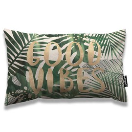 AOYEGO Palm Leaf Throw Pillow Cover 12x20 Inch Good Vibes Word Palm Tree Tropical Jungle Leaves Rectangle Pillow Cases Home Decorative Cotton Linen Cushion Cover for Bed Sofa Green