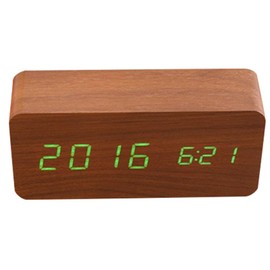 Wooden Digital Alarm Clock, Quiet LED Display, Adjustable Brightness/Sound Control, Table Clock Indicator, Calendar Time and Temperature for Home and Office (Brown Wood + Green Light)