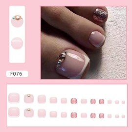 AZTSYT Pink Glitter French Tip Press on Toenails Rhinestone Short Fake Toe Nail Tips Press ons Glossy Glue on Toe Nails Acrylic Toe Nail Tips Nude Square Summer False ToeNails for Women 24Pcs