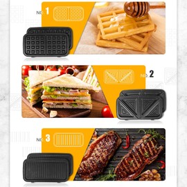 Waffle Makers, 3-in-1 Waffle Iron Panini Press Sandwich Maker with Removable Plates, 5-gears Temperature Control Non Stick Coating Cool Touch Handle Anti-skid Feet for Breakfast 1200W 120V